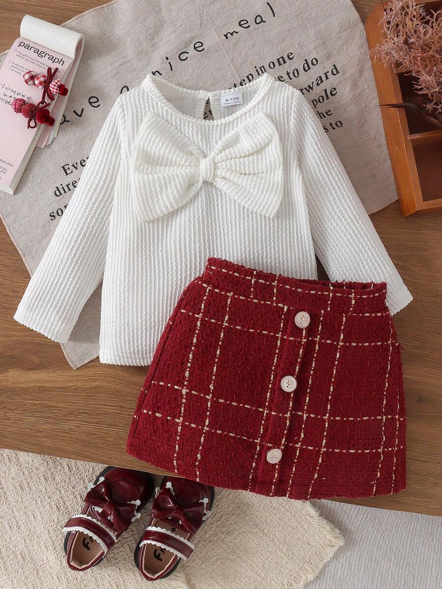 2pcs Baby Girl Luxury Elegant Style Large Bow Decor Textured Round Neck Long Sleeve Top & Plaid Skirt Set, Spring/Autumn Thin - Burgundy - View 1