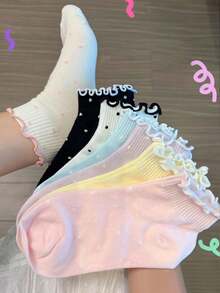 7/4/1 Pair Random Women's Ruffled Polka Dot Short Socks, Sweet JK Style Ruffle Cuff Mid-Calf Socks, Comfortable Breathable Casual Daily Wear - Multicolor - View 5