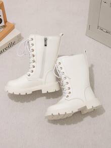 1 Pasang Sepatu Bot Kasual Modis Musim Semi/Gugur Terbaru, Hangat dan Nyaman, Ujung Bulat, Desain Resleting Samping, Panjang Setengah Betis untuk Anak Perempuan, Sepatu Bot Klasik - Putih - View 6