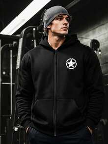 Men's Casual Sports Sweatshirt, Black Zip-Up Sweatshirt, Vintage Five-Point Star Print Pattern, Suitable For Outdoor Sports, Gym Workout Top - Black - View 2