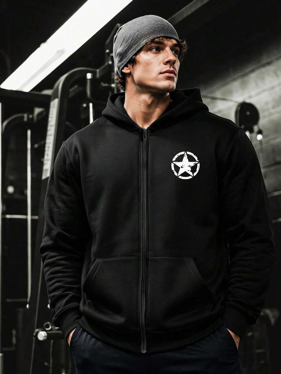 Men's Casual Sports Sweatshirt, Black Zip-Up Sweatshirt, Vintage Five-Point Star Print Pattern, Suitable For Outdoor Sports, Gym Workout Top