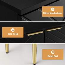 Modern Sideboard Buffet Cabinet – Black & White Storage With Adjustable Shelves, 2 Embossed Doors, Gold Metal Legs, Multipurpose For Dining, Kitchen, Living Room - Black - View 7