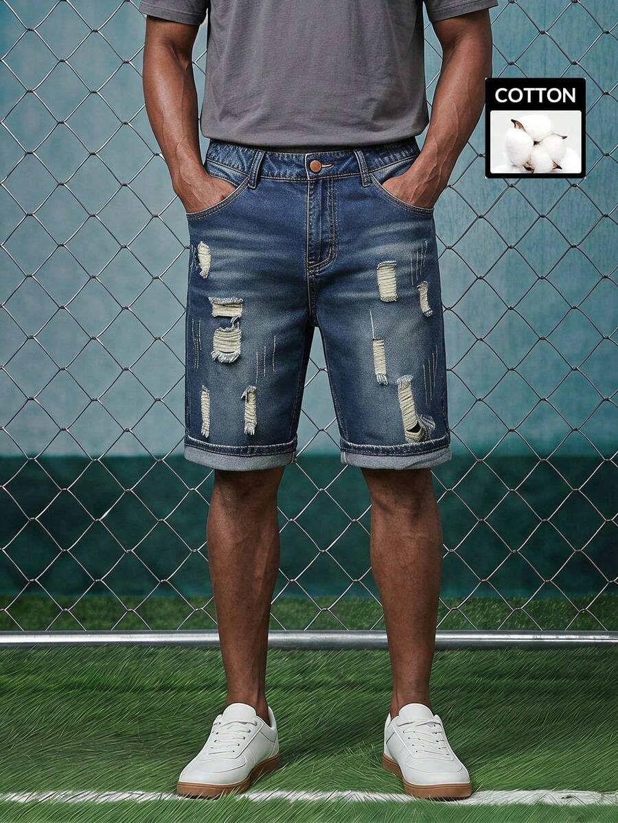 EVRINFINITE Men's Cotton Ripped Distressed Denim Shorts,Dark Blue Summer Casual Grunge City Break Jorts,Vintage Frayed Cat Scratch Jean Shorts For - Dark Wash - View 1