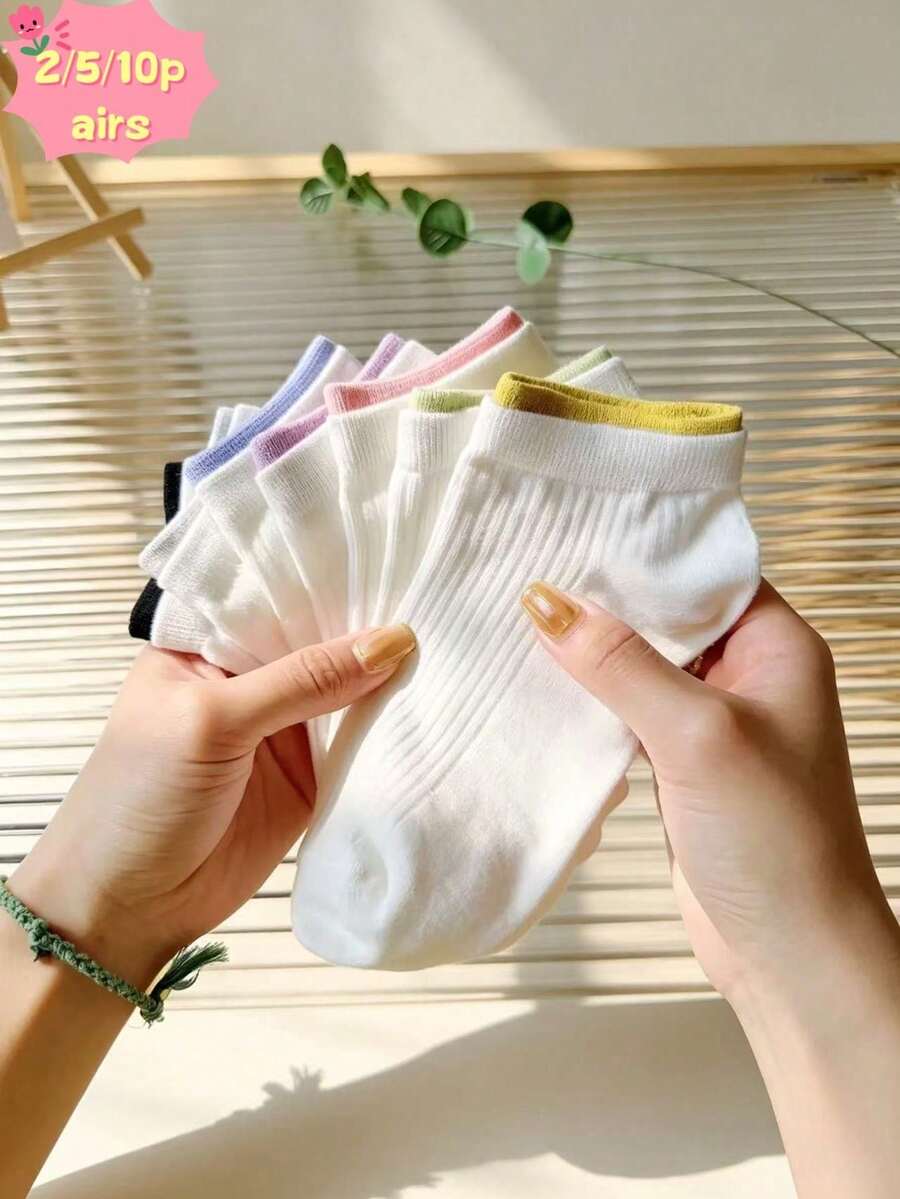 Calcetines cortos de algodón puro con cuello multicolor, ligeros y transpirables, alta elasticidad, antibacterianos & resistentes al olor, suaves & cómodos, para usar en todas las estaciones, tejido de punto transpirable, minimalista, para casa, casual & vacaciones - Multicolor - Ver 1