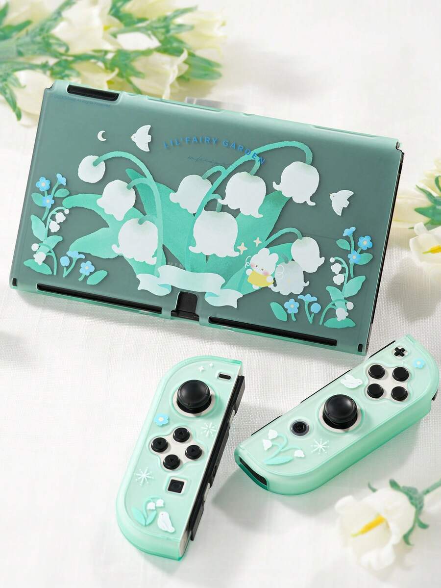 GeekShare Casing Pelindung Motif Bunga Lili Musim Semi untuk Switch OLED - Hijau - View 1