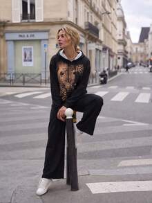 1pc Women's Vintage Leopard Print Warm Drawstring Hooded Sweatshirt, Y2K Street Style Pullover, Autumn/Winter Casual Daily OOTD - Black - View 1