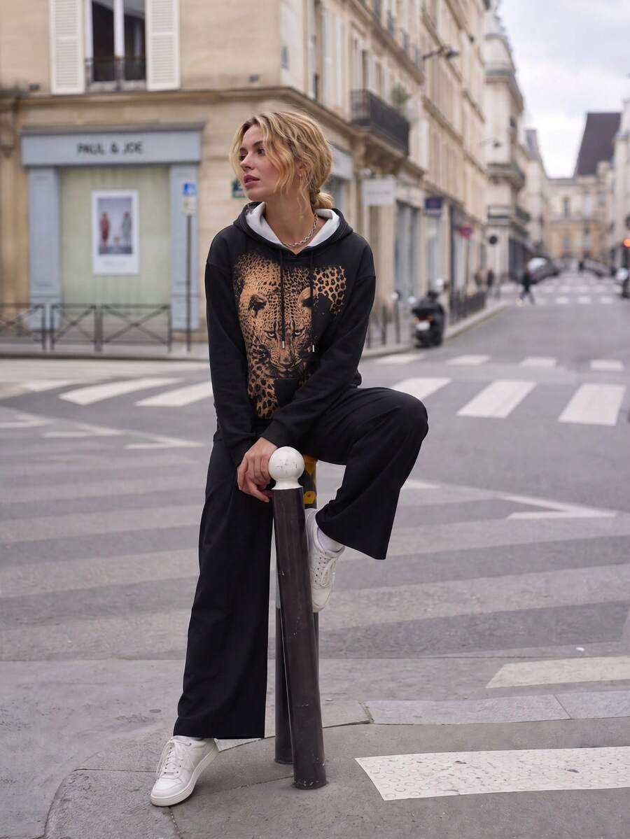 1pc Women's Vintage Leopard Print Warm Drawstring Hooded Sweatshirt, Y2K Street Style Pullover, Autumn/Winter Casual Daily OOTD - Black - View 1