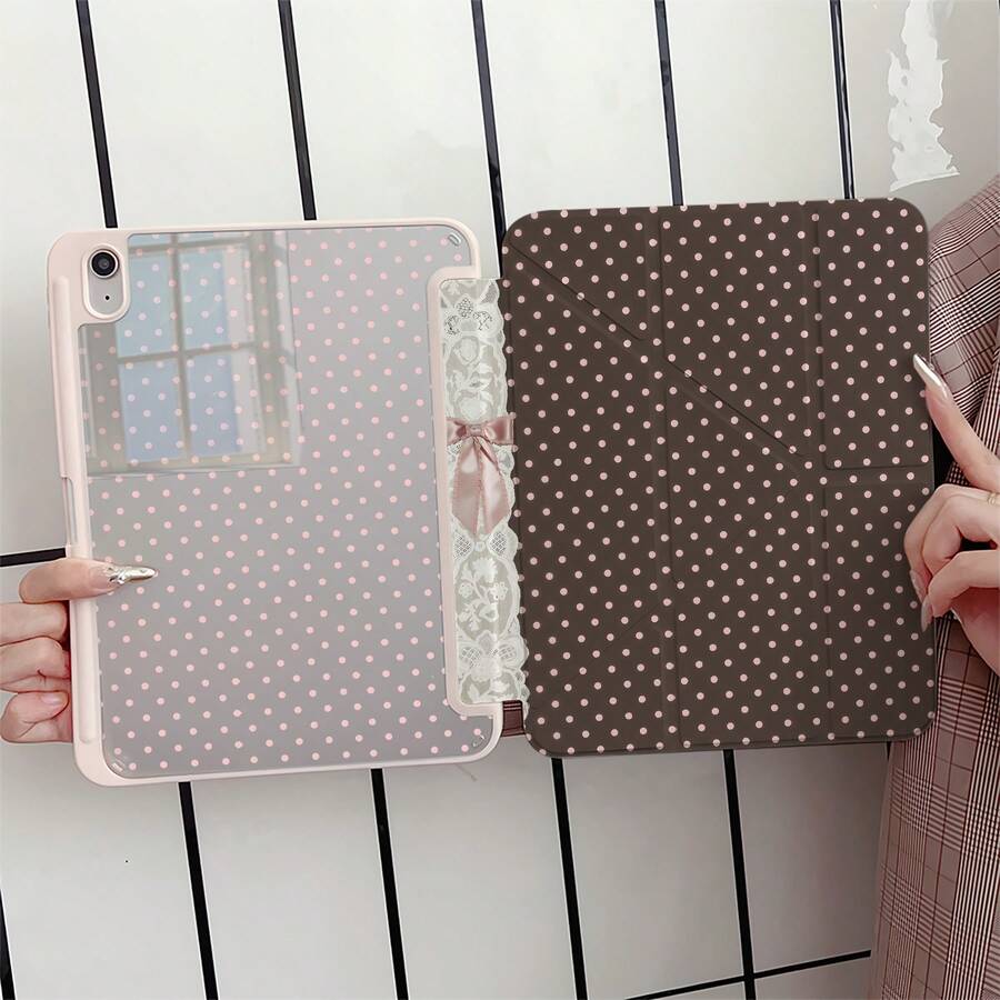 棕色底粉色波點蕾絲蝴蝶結平板保護殼，附筆槽，相容 iPad 10代 10.9 吋 2022 智慧保護殼/Air 13(M3 2025)/Air 11(M3 2025)/11(A16 2025)/相容 Galaxy S9/S7/S10+/相容 Galaxy Tab S6 Lite 10.4 吋/相容 MatePad