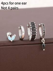 4PCS Fashion Small Square Black Hoop Earring Set For Women Cute Stainless Steel Turquoise Stainless Steel Stud Earrings Party Jewelry Gifts - Silver - 4pcs - View 7