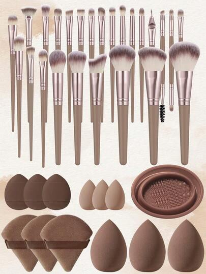 20-Piece Makeup Tool Set, Includes: 25 Makeup Brushes + 3 Makeup Sponges + 3 Mini Makeup Sponges + 3 Triangular Powder Puffs + 3 Mini Cushion Puffs + 1 Makeup Brush Cleaning Tool.
