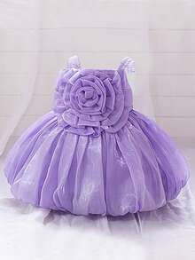 Baby Girls Spaghetti Strap 3D Large Flower Organza Cute Birthday Party Dress, Suitable For Parties, Headband Not Included - Mauve Purple - View 3