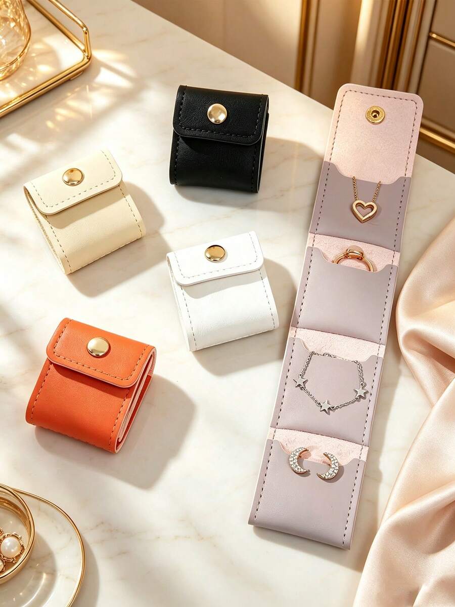 Women's Foldable Jewelry Roll Bag, Mini Button Closure 4-Compartment Storage Pouch, Suitable For Earrings, Necklaces, Coins, Travel & Daily Wallet, Multiple Colors Available - Multicolor - View 1