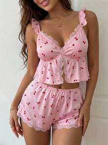 DAZY 2pcs/Set Women's Pink Cherry Print Lace Patchwork Pajama Top And Pants Loungewear Set - Pink - View 4