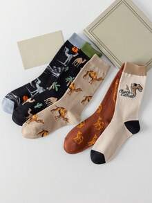 Men's Vintage Desert Camel Jacquard Mid-Calf Socks, Ins Style Versatile Casual Long Socks, Breathable Soft Comfortable Socks, Suitable For Daily Wear - Multicolor - View 3