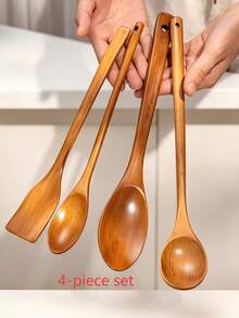 4pcs Long Handle Wooden Spoon Set, 33cm/12.99in, Stirring Cooking Spoons, Extended Cooking Spoons, Heat-Resistant Wooden Spoons, Spatulas, Wooden Insulated Soup Spoons, Kitchen Utensil Set, Small Tools, Wedding Gift Basket - Multicolor - View 2