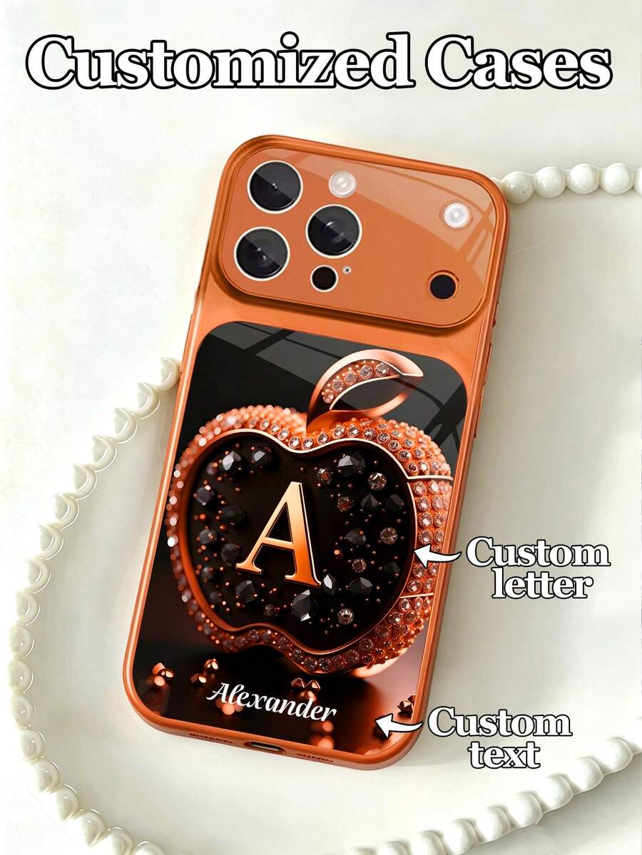 1 pieza Funda de teléfono de vidrio templado con diseño personalizable de texto y letras con patrón de manzana de rhinestone naranja, compatible con iPhone 17 ProMax/17 Air/15/16 Pro/14 Plus/13 Pro/12 Pro Max/11, protección de cámara y cubierta trasera de vidrio templado, gran ventana, mejor regalo para amigos y familiares - Naranja - Ver 1