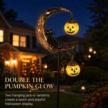 New Halloween Solar Powered Outdoor Cat Scratch Pumpkin Ground Light, Halloween Outdoor LED Moon Ground Stake Light, Warm White LED Decorative Light, Suitable For Path, Patio, Camping, RV, Garden, Wedding, Backyard, Ideal Halloween Gift - Black Cat With Double Pumpkins - View 8