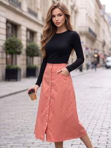 Elegant Women's 2 Pieces Set, Round Neck Top With Button Coral A-Line Skirt, Suitable For Autumn Fashion - Multicolor - View 4