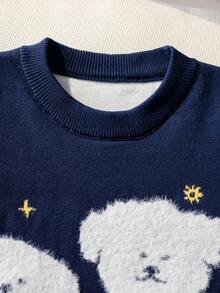 Girls Sweet Cute Puppy Pattern Plush Jacquard Round Neck Long Sleeve Pullover Sweater Knit Top Casual Versatile Suitable For Daily Wear School Spring Autumn Winter - Navy Blue - View 3