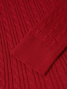 HOMEYEE Women's Bright Red Round Neck Cable Knit Sweater With Metal Bow Button Front, Cinched Waist, Ruffle Hem, Slim Fit Long Sleeve Pullover Top - Red - View 7