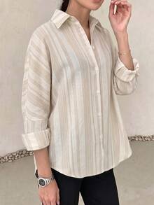 Women's Non-Stretch Striped Button-Down Shirt, Long Sleeve Lapel Loose Fit, Suitable For Casual Office Daily Wear - Pink - View 10