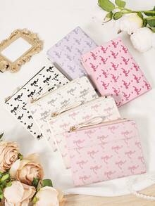 Ladies' Bow Printed Short Zipper Coin Purse, Portable Card Bag Wallet, Suitable For Daily Shopping And Travel - Pink - View 5