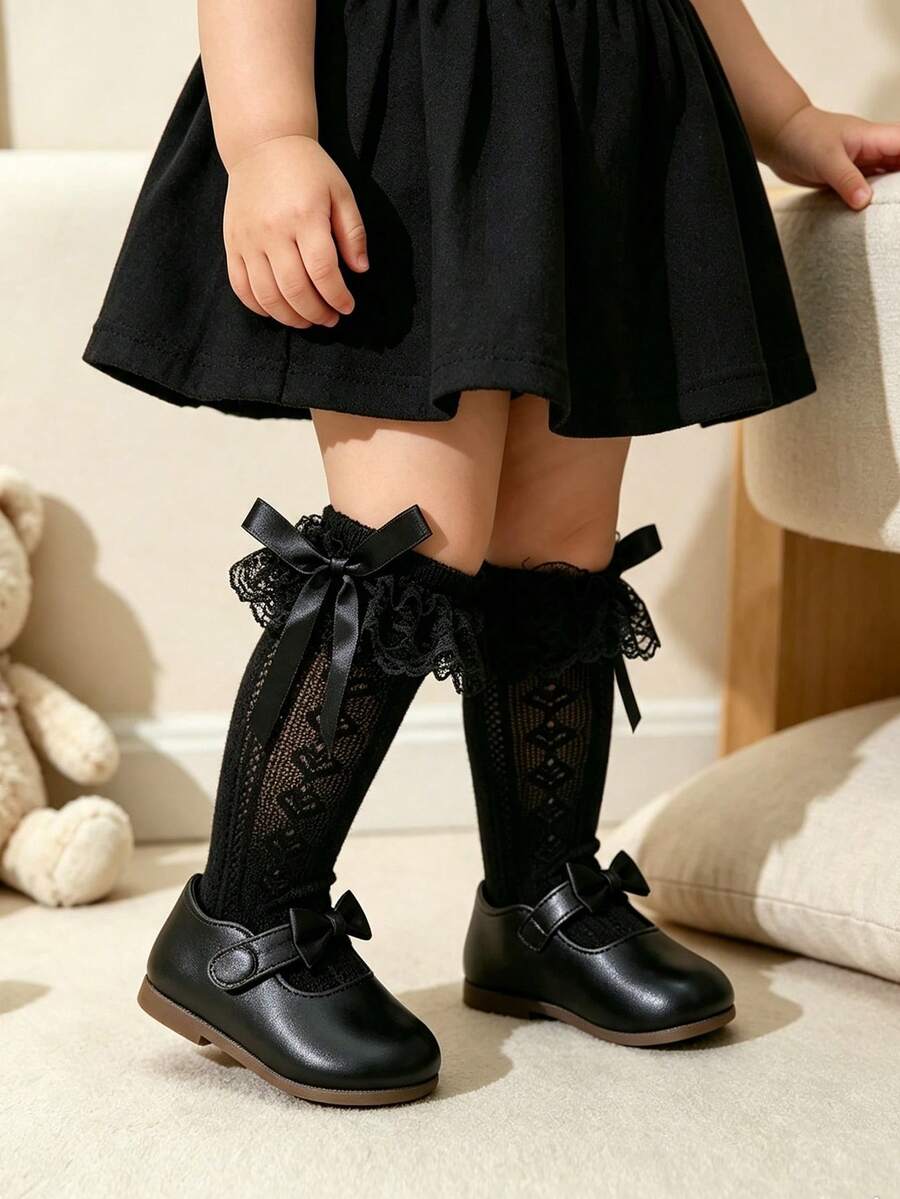 1雙女嬰甜美可愛蕾絲飾邊蝴蝶結裝飾愛心提花網眼小腿襪