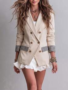 Women's Autumn/Winter Jacket With Printed Cuffs, Double-Breasted Design, Pockets, Elegant Fashion Commute And Daily Wear Blazer - Apricot - View 3