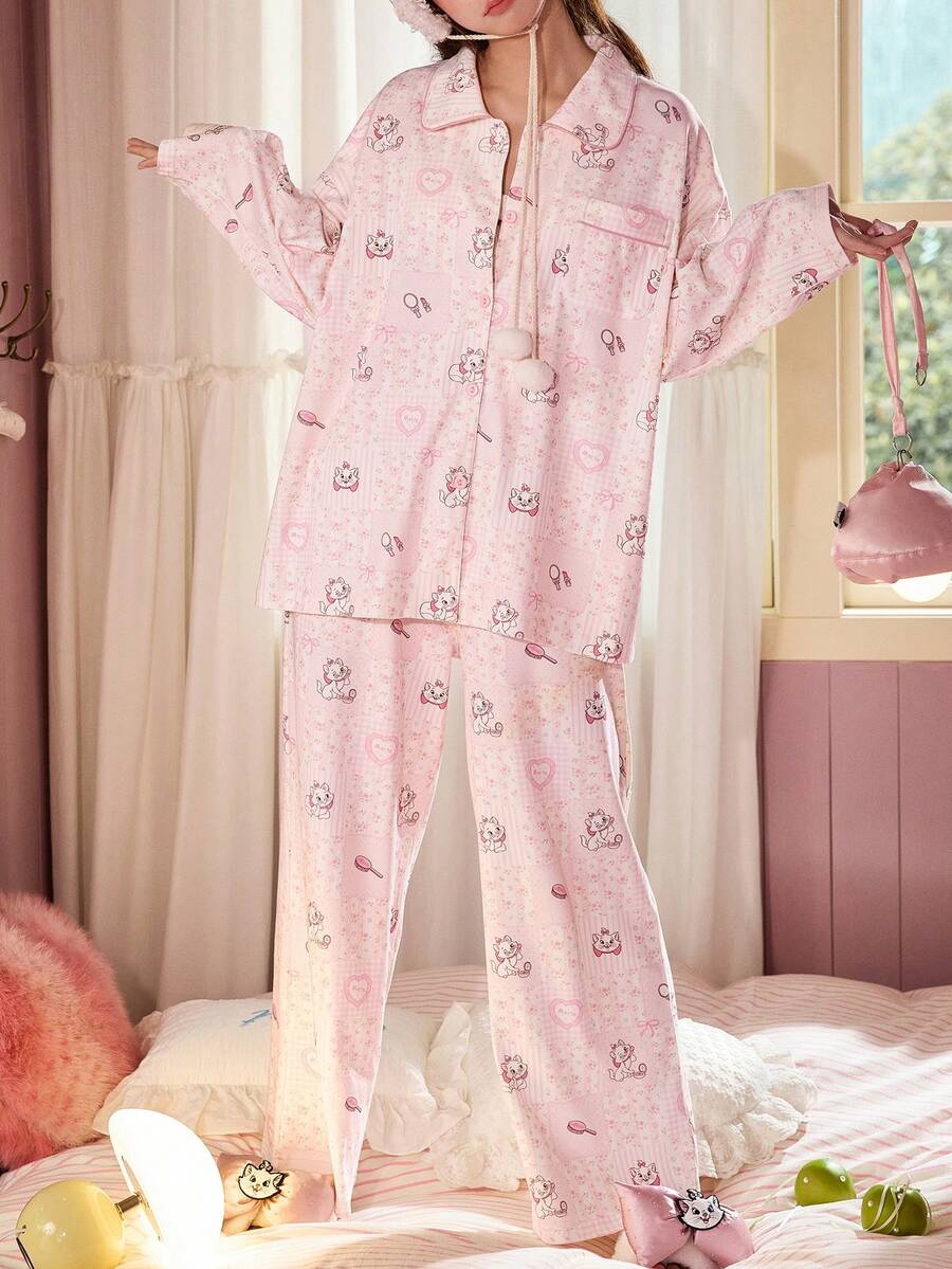 Gongdie 2pcs Disney Marie Women's Pajama Set, Spring/Autumn Pink Plaid & Floral Patchwork Soft Cotton Loungewear With Pockets - Pink - View 1