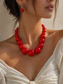 Hegaze 1 Set Vintage Glossy Red Oversized Beaded Necklace And Earrings Set, Exaggerated Beaded Choker, Vacation Style Elegant Accessory - Red - View 2