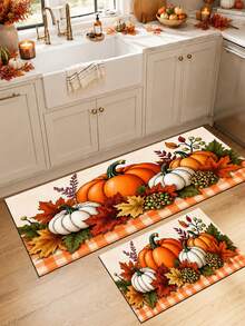 1pc Pumpkin Maple Leaf Plaid Pattern Kitchen Mat, Autumn Country Farmhouse Style, Non-Slip Wear-Resistant Design, Suitable For Autumn, Thanksgiving, Harvest Celebration, Kitchen, Entryway And Home Decor - Multicolor - View 3