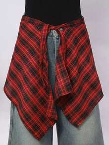 MESHUOKAI Y2K Street Style Outfit Short Hooded Top Plaid Shirt Lace-Up Distressed Loose Jeans - Multicolor - View 2
