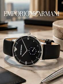 Armani Men's Minimalist Quartz Watch, Silver Steel Case, Pure Black Dial, Small Seconds Dial, Smooth Leather Strap, Suitable As Birthday Gift For Husband - one-size - View 6