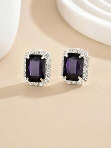 1 Pair Fashionable Elegant Red Geometric Square Clip-On Earrings For Women Evening Party Stage Vacation Accessory - Dark Purple - View 4