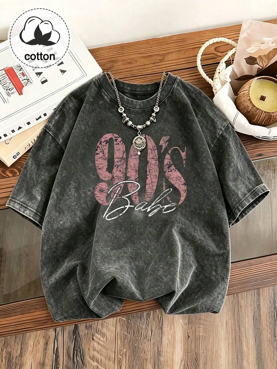 Plus Size Women's 90s Vintage Print T-Shirt, Retro Large Letter Pattern Casual Short Sleeve Washed Top Black Summer - Black - View 1