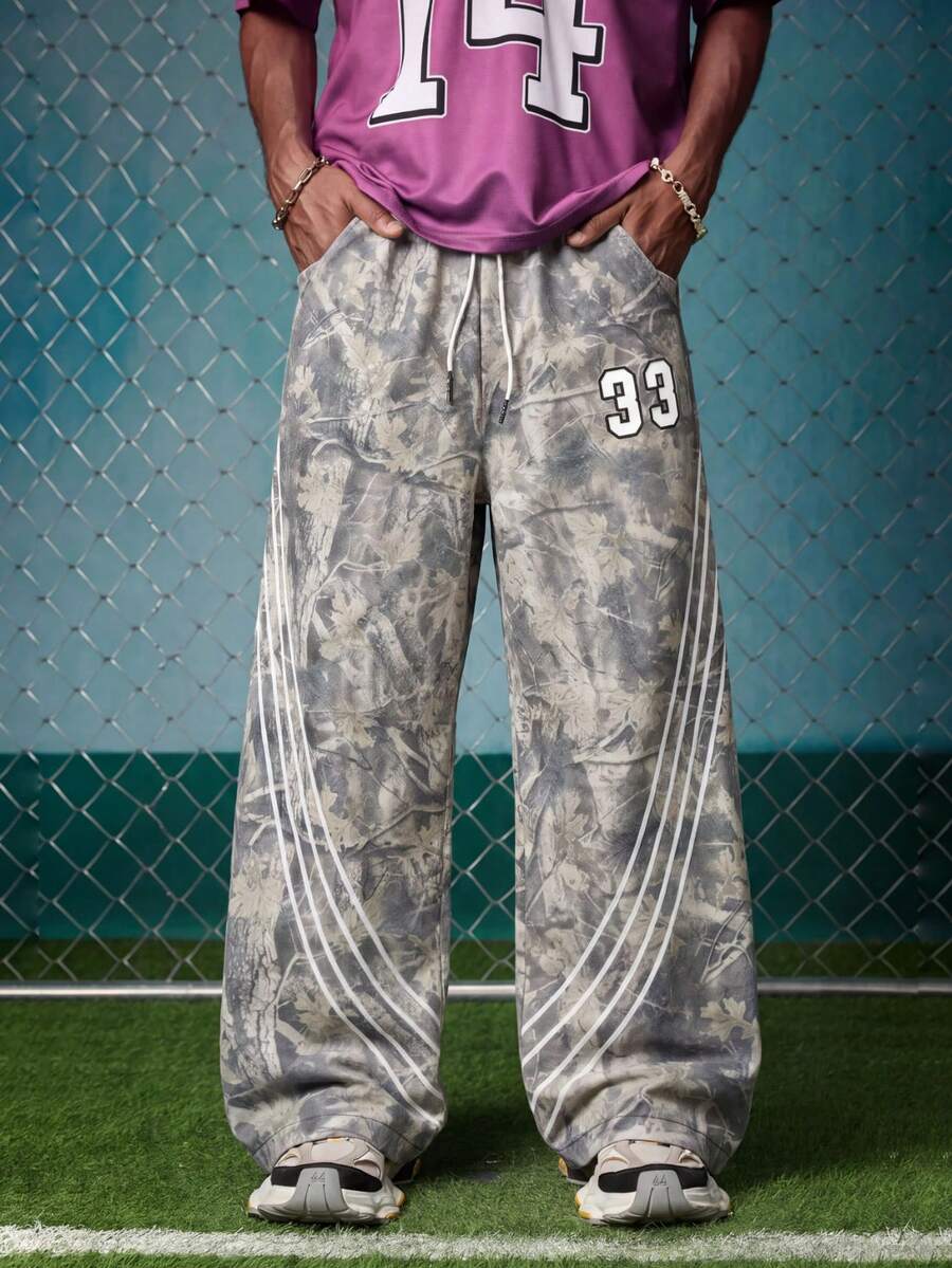 EVRINFINITE Mens Digital Camouflage Sweatpants, Striped Drawstring Loose Fit Wide Leg Pants, American Hip Hop Streetwear Sports Pants - Khaki - View 1