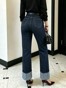 Women's High Waist Straight Leg Jeans, Dark Blue Cuffed Hem Denim Pants, Slim Fit Commuting Casual Versatile Style Fall - Dark Wash - View 4
