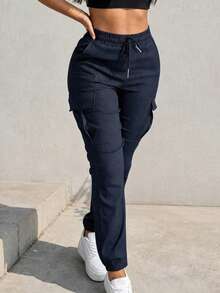 Spring/Autumn New Plus Size Women's Fashionable Versatile Solid Color Minimalist Pocket Elastic Waist Drawstring Cargo Pants, Lightweight Polyester Micro-Stretch Soft Fabric - Navy Blue - View 2