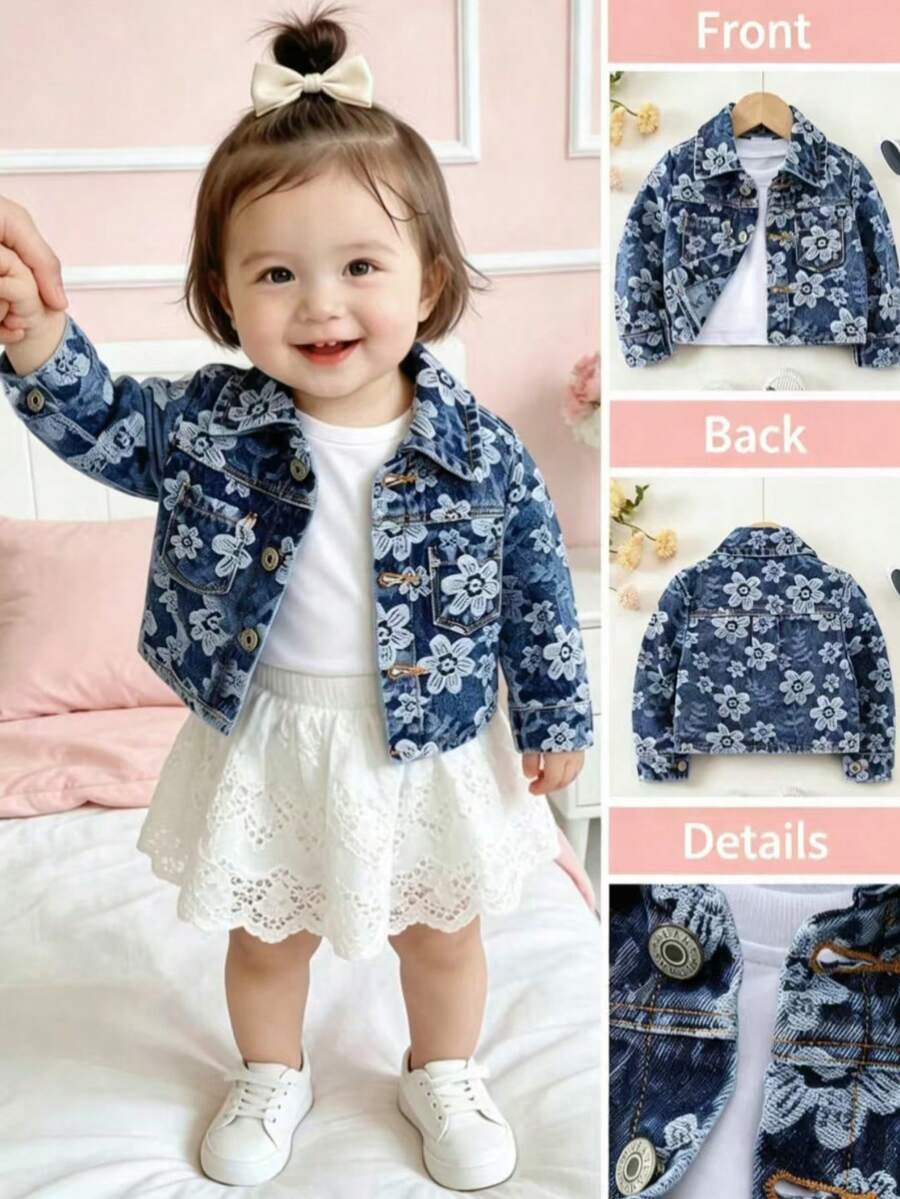 Jaket Denim Motif Bunga untuk Bayi Perempuan, Lengan Panjang dengan Kerah dan Saku Kancing, Pakaian Luar Kasual untuk Bayi Perempuan, Mantel Baru - Biru - View 1