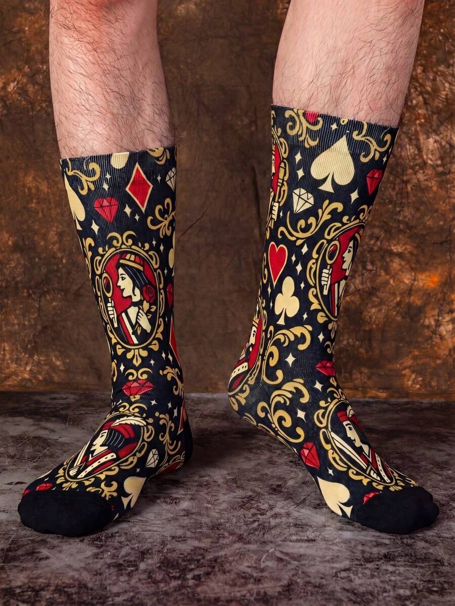 1/3 Pairs Poker Theme Personalized Mid-Calf Socks, Men's Fun Print Street Style Socks, Creative & Fashionable Socks, Fun Christmas Gift - Multicolor - View 1