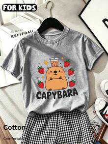 Soft Young Girls T-Shirt, Cute Capybara And Strawberry Print, Crew Neck Short Sleeve Casual Top, Suitable For Daily Wear, Graphic Print Design - Gray - View 3