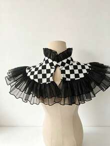 1 buah Kerah Tulle Berumbai Motif Kotak-kotak Hitam & Putih untuk Badut, Dapat Dilepas, dengan Pom-Pom Merah, Aksesori Leher untuk Kostum Pesta Halloween Dewasa - A - View 10