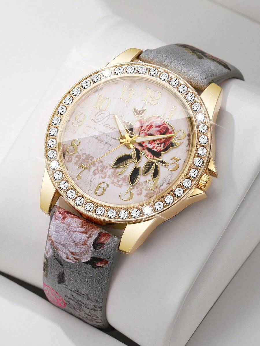 Vintage Style Women's Wristwatch With Rhinestone Case, Rose Dial, Floral Print PU Leather Strap, Quartz Watch, Gift For Girlfriend (1pc/Set) Watch Box Not Included, Note: The Print Position On The Strap Is Random And Cannot Be Consistent! - Grey - View 1