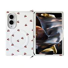 Casing Ponsel Magnetik Motif Ceri Kulit PU, Mendukung Pengisian Daya Nirkabel, Pelindung Belakang PC Keras, Kompatibel dengan Galaxy Z Fold 8 - A - View 3