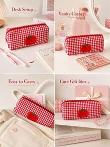 1pc Tomato Plaid Pattern Pencil Case, Fashionable High-Quality Stationery Storage Box And Desk Organizer, Portable Large Capacity Pen Bag, Student Gift, School Supplies, Christmas Gift, Back To School Essential - Tomato Plaid Pencil Case - View 7