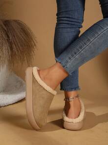 PWIIMG Women's Thick Sole Closed Toe Fuzzy Slippers, Fuzzy Lining Backless Slippers, Autumn Home Fuzzy Slippers Beach Fuzzy Lining Fine Fleece Home - Khaki - View 6