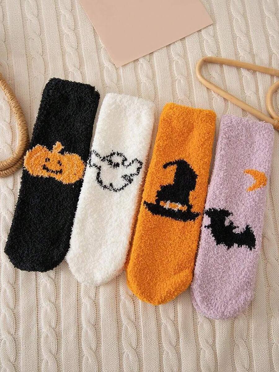 3/4 Pairs Women's Halloween Coral Fleece Mid-Calf Socks, Pumpkin Witch Hat Bat Moon Ghost Print, Soft Warm Fuzzy Cute Home Sleep Socks, Suitable For Winter Holidays - Multicolor - View 1