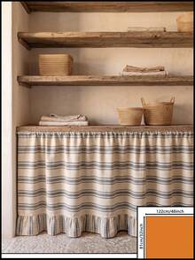 1/2pcs Beige Gray Horizontal Striped Table Skirt, Rustic Pastoral Style Fabric Material, Rectangular Top Pleated And Bottom Ruffle Detail, Storage Concealment And Decorative Beautification Function, Suitable For Storage Rack Cover And Natural Home Decor Scenes - Dark Grey - View 15