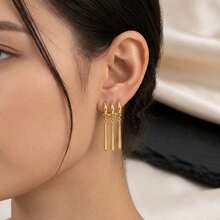 1 Pair 3-Row Open Hoop Linear Drop Earrings French Style Shiny Gold Silver Plated Triple Bar Fringe Earrings Delicate Party Jewelry For Women - Tassel - View 9