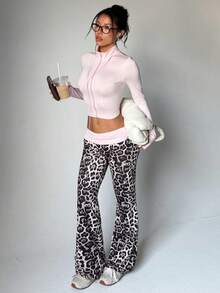 Women 2 Pieces Tracksuit,Zip Up Long Sleeve Crop Jacket & Fold Waist Leopard Flared Pants,Soft Knit For Spring,Athleisure,Gym - Pink - View 6